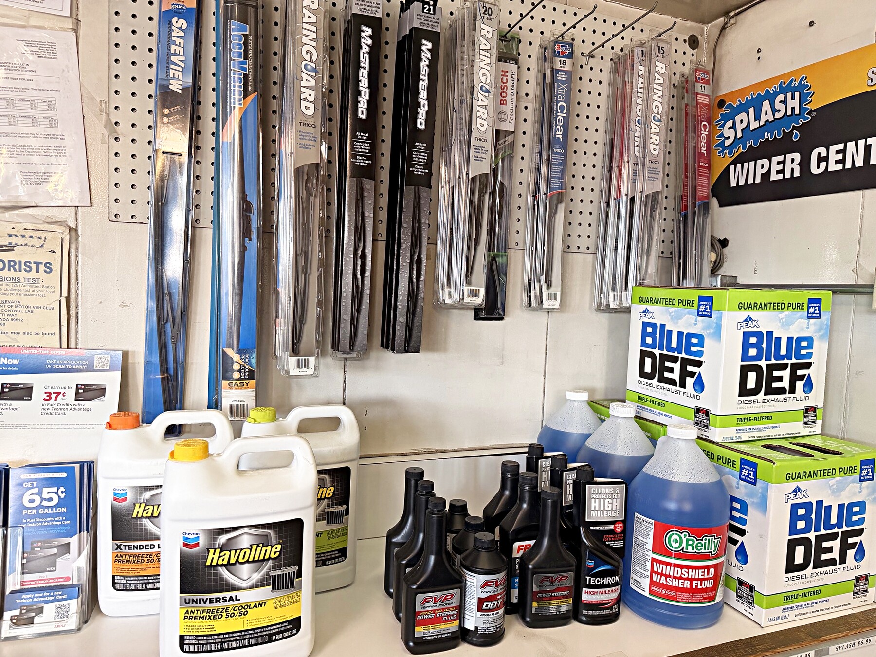 Auto care supplies at Howards Chevron — oil, wipers, fluids
